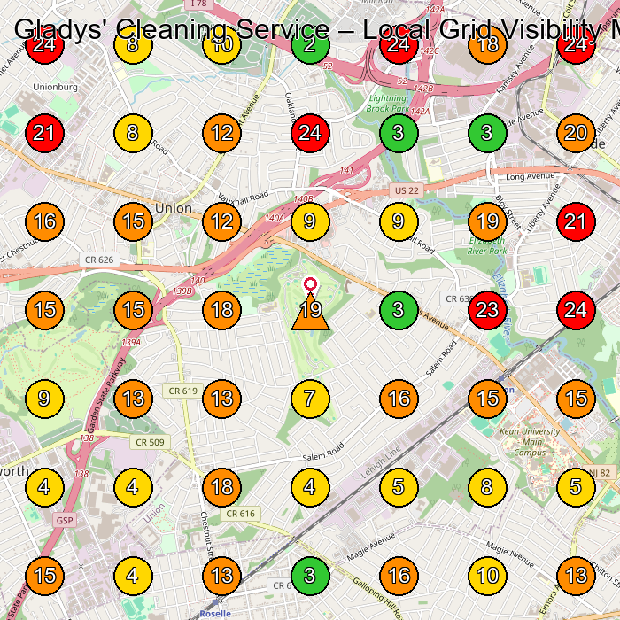 Gladys' Cleaning Service House Cleaning Service GeoGrid ranking map for Union NJ